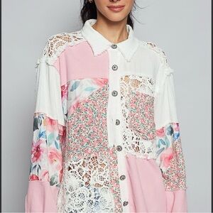 POL Pink and White Floral Lace Button-Up Shirt Oversized Layering use as jacket